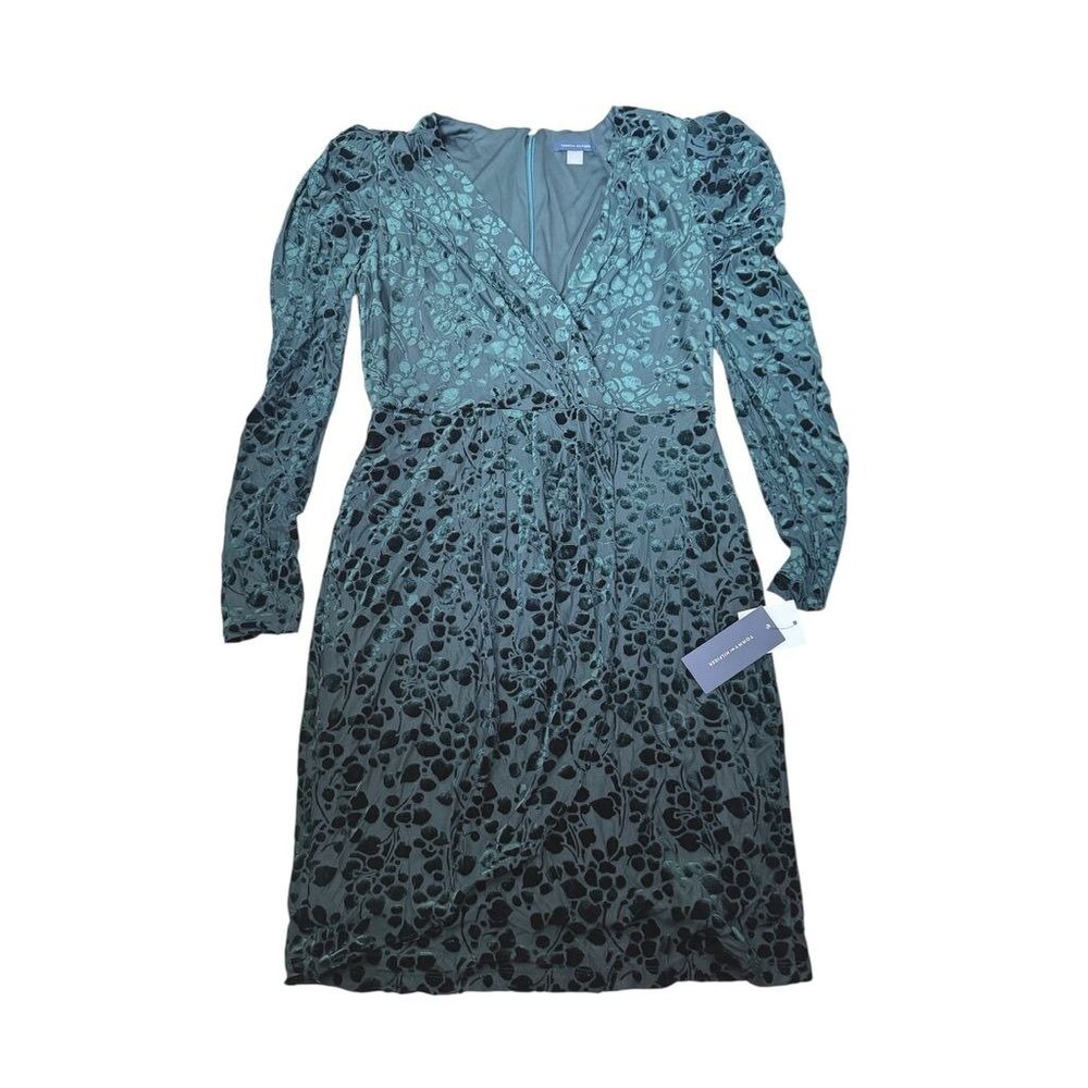 Tommy Hilfiger Women Green Velvet Burnout Floral Long Sleeve Faux Wrap Dress 8